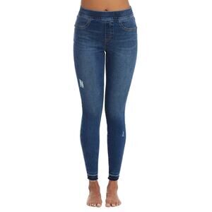 Spanx Medium Wash Distressed Denim Ankle Leggings Womens Small Mid Rise Raw Hem